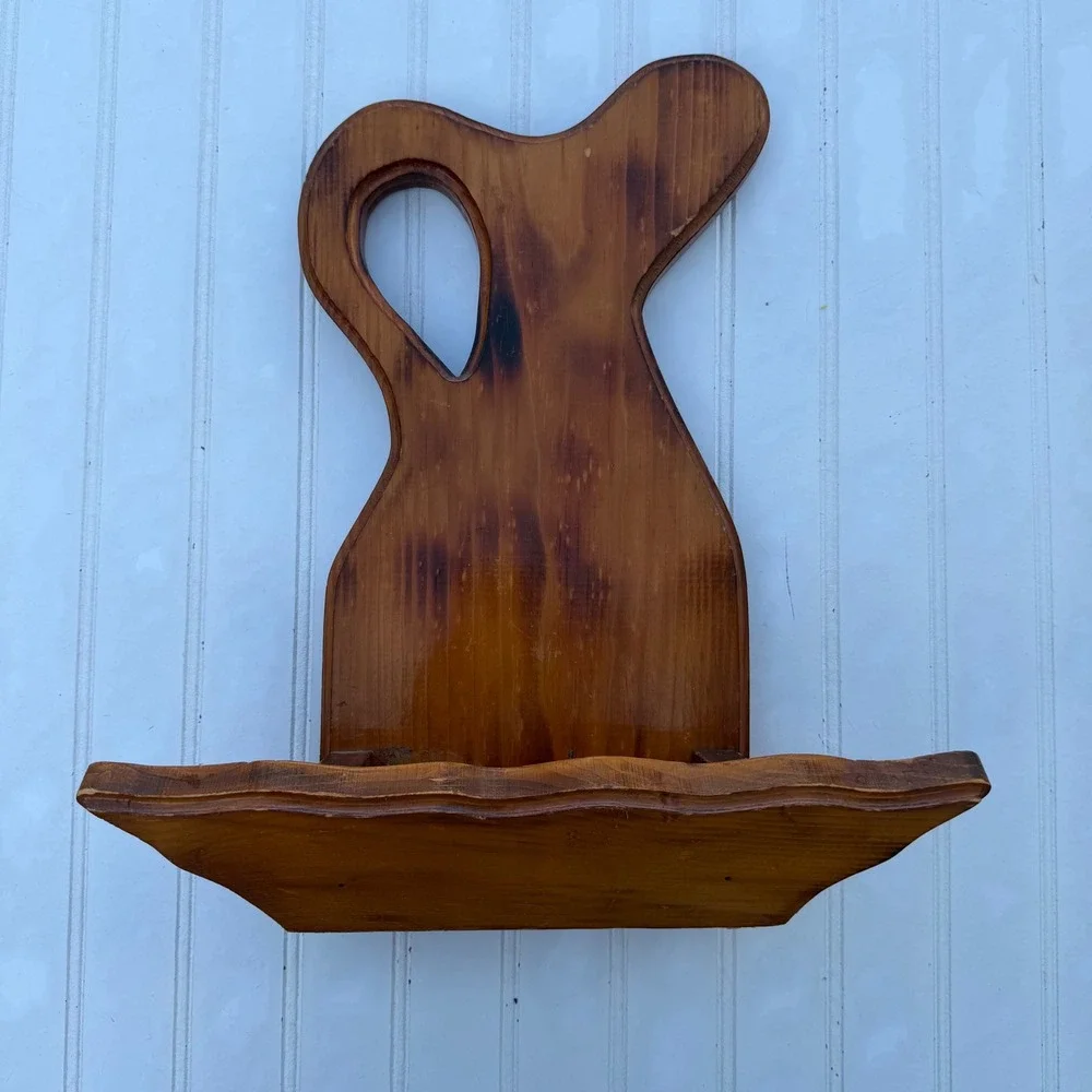 Vintage Rustic Wooden Pitcher Wall pocket Shelf planter Scalloped Farmhouse